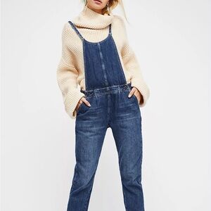 Free People denim pleated overalls jumpsuit